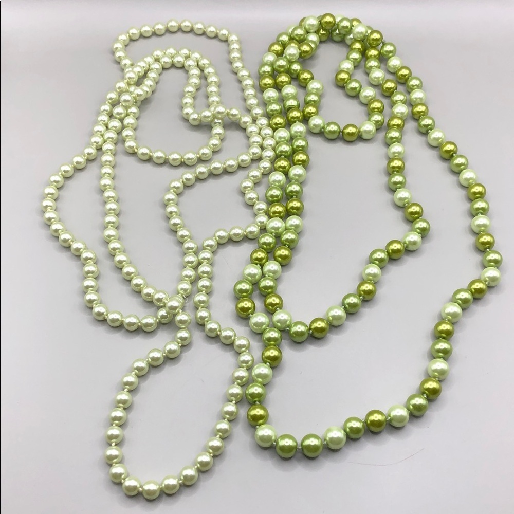 Extra long flapper faux pearl pastel green glass bead 2 necklaces statement look